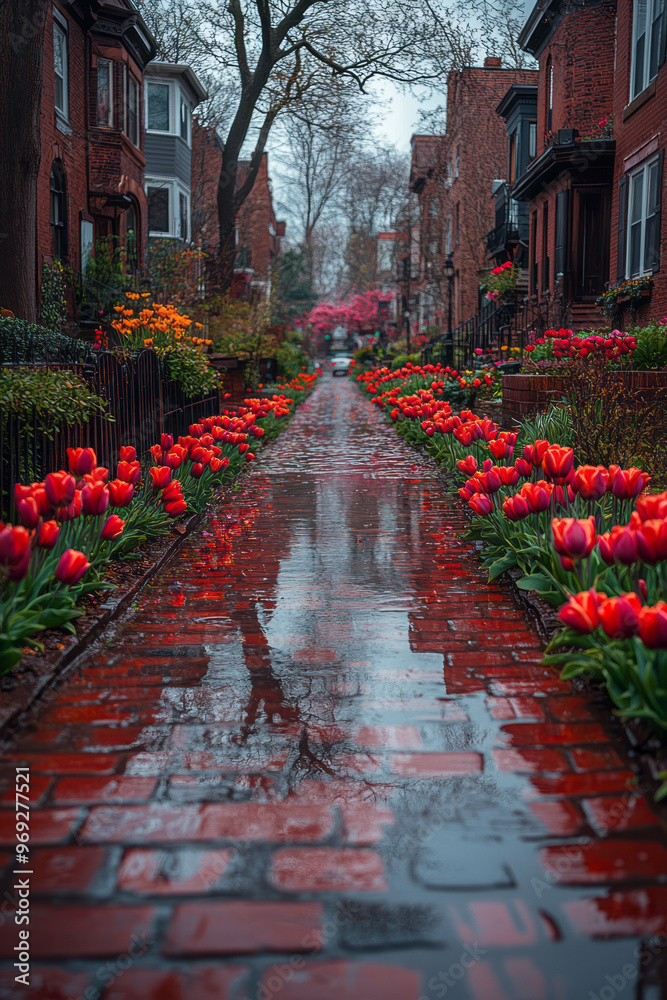 Fototapeta premium A cozy neighborhood street, its red brick sidewalks shimmering after the rain,
