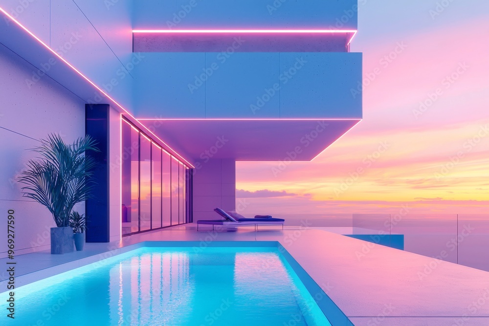 Fototapeta premium The swimming pool in a modern villa is lit by colored LEDs at dusk. Stock was used to create this image