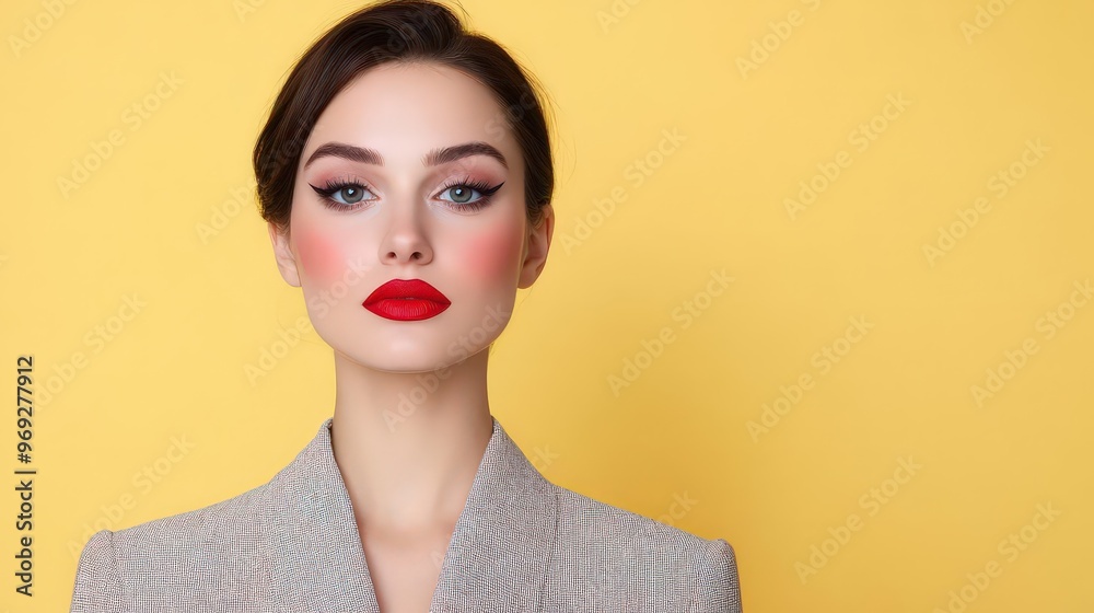 A confident woman in a gray blazer poses against a vibrant yellow background, showcasing bold makeup and a striking look. A confident woman in a gray blazer poses against a vibrant yellow background, showcasing bold makeup and a striking look.