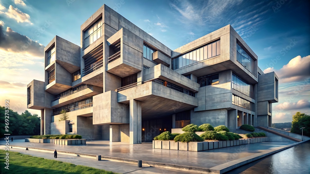 Fototapeta premium A visualization of a Neo-Brutalist structure with bold geometric shapes and exposed concrete textures.