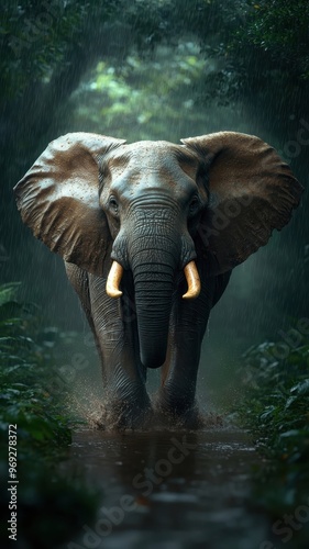 Elephant moving through a rain-soaked jungle, with water dripping from its body and puddles forming around its feet.