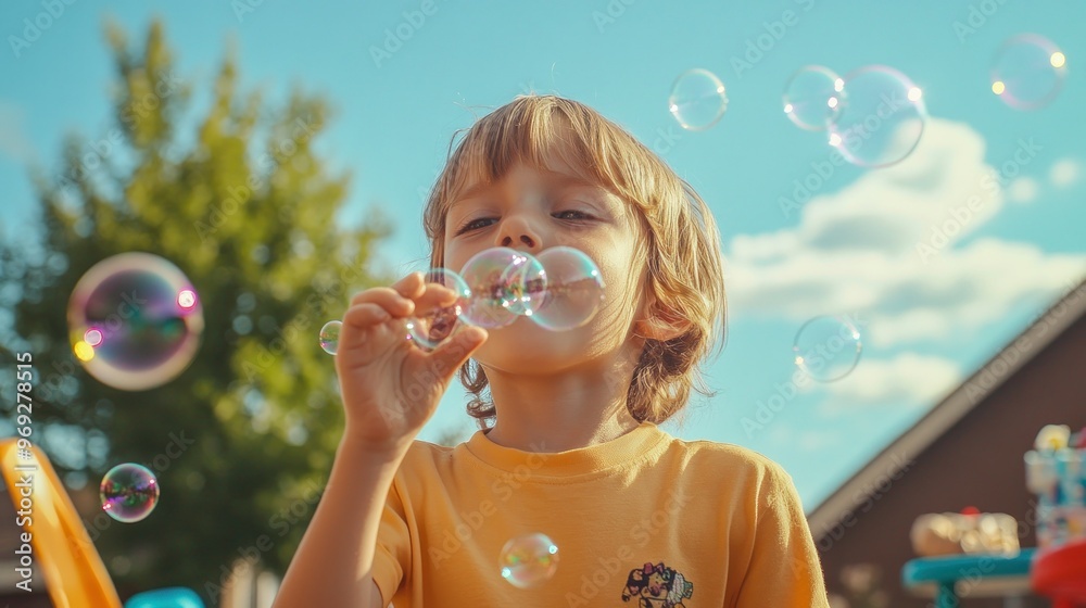 A child blowing bubbles outdoors, enjoying a sunny day with a playful expression. A child blowing bubbles outdoors, enjoying a sunny day with a playful expression.