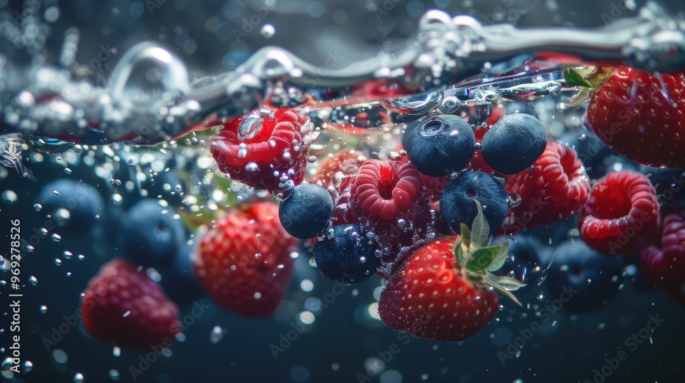 Fresh blueberry and strawberry with water splash in air Fresh blueberry and strawberry with water splash in air
