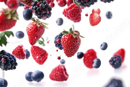 A close-up shot of a bunch of berries suspended in mid-air, with a blurred background