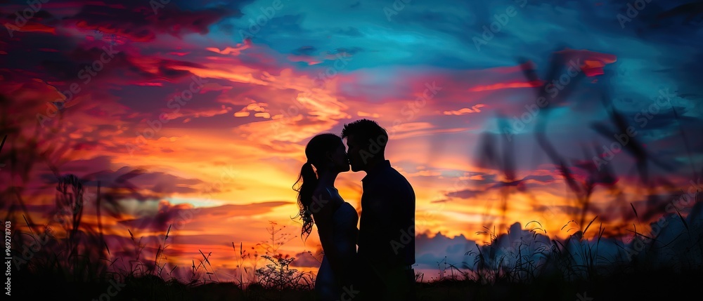 Silhouette of a couple sharing a kiss against a colourful sunset Silhouette of a couple sharing a kiss against a colourful sunset