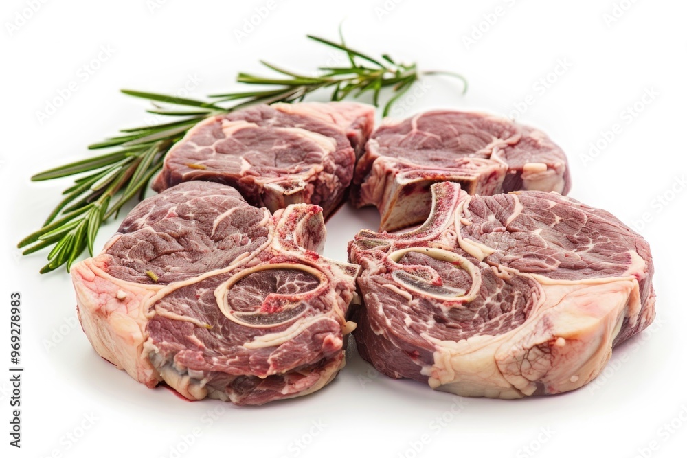 Freshly cut meat served with a fragrant sprig of rosemary, great for culinary or still life photography Freshly cut meat served with a fragrant sprig of rosemary, great for culinary or still life photography