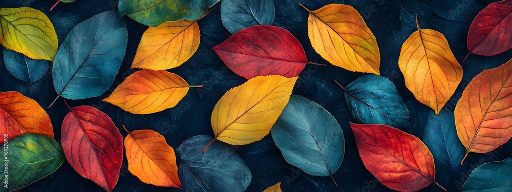 Colorful autumn leaves on a dark background, close-up. Colorful background with vibrant fall foliage Colorful autumn leaves on a dark background, close-up. Colorful background with vibrant fall foliage