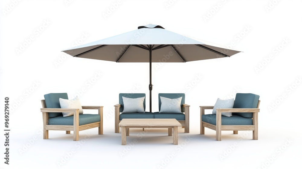 An elegant set of patio furniture with a colorful umbrella offers a comfortable outdoor retreat