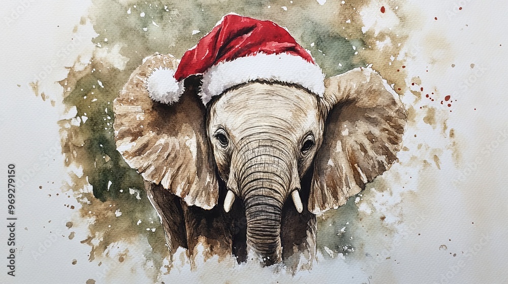 Naklejka premium Elephant in a Christmas hat watercolor