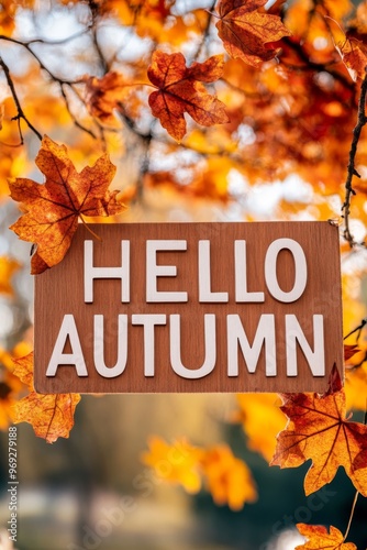 'hello autumn' in elegant serif font on a background of a close-up of tree branches with vibrant autumn leaves