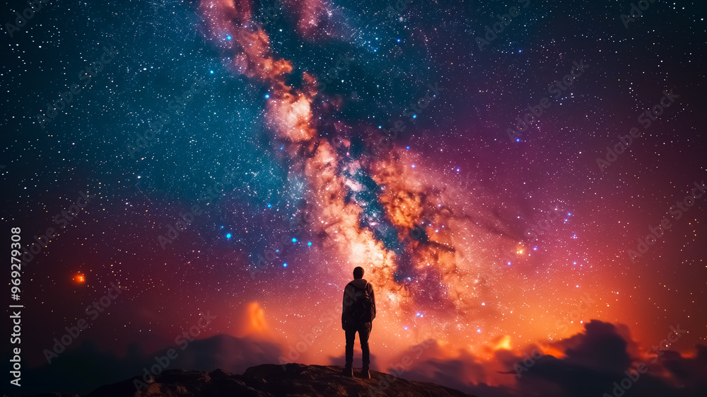 Person silhouette looking at the Milky Way galaxy at night, astronomy image Person silhouette looking at the Milky Way galaxy at night, astronomy image