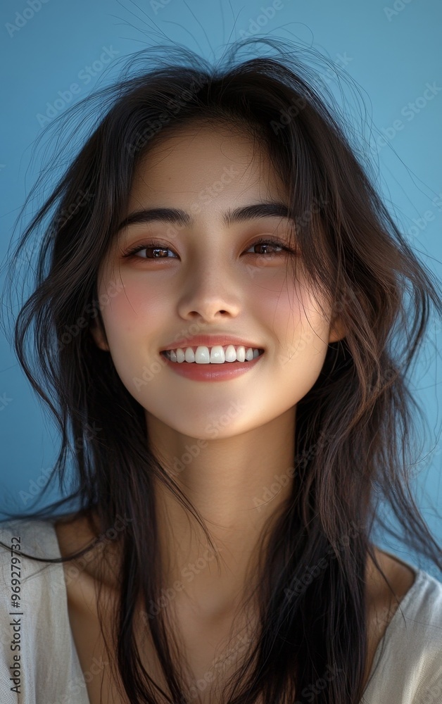 Radiant Asian Woman Smiling in Sunlight Against Blue Background Radiant Asian Woman Smiling in Sunlight Against Blue Background
