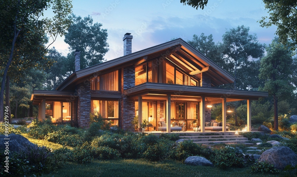 A modern clinker house with ponds and garages for sale or rent with beautiful landscaping on the background. A clear night with stars in the sky. A modern clinker house with ponds and garages for sale or rent with beautiful landscaping on the background. A clear night with stars in the sky.