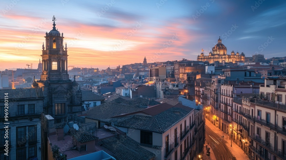 Naklejka premium A picturesque sunset view over a cityscape with historic buildings and vibrant skies.