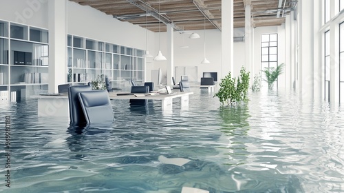 Chairs floating in a flooded office space, depicting the aftermath of water damage in a professional environment. 3D rendering emphasizes disaster, damage, disruption in a workplace due to flooding photo