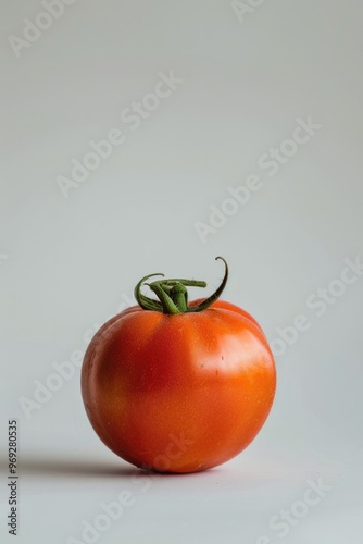 A single ripe tomato sits alone on a clean white surface, perfect for food photography or illustration photo