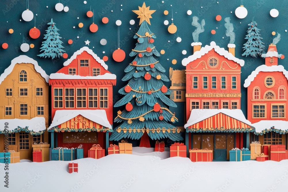 Festive Paper Cut Holiday Market with a Cheerful Christmas Tree Scene Festive Paper Cut Holiday Market with a Cheerful Christmas Tree Scene
