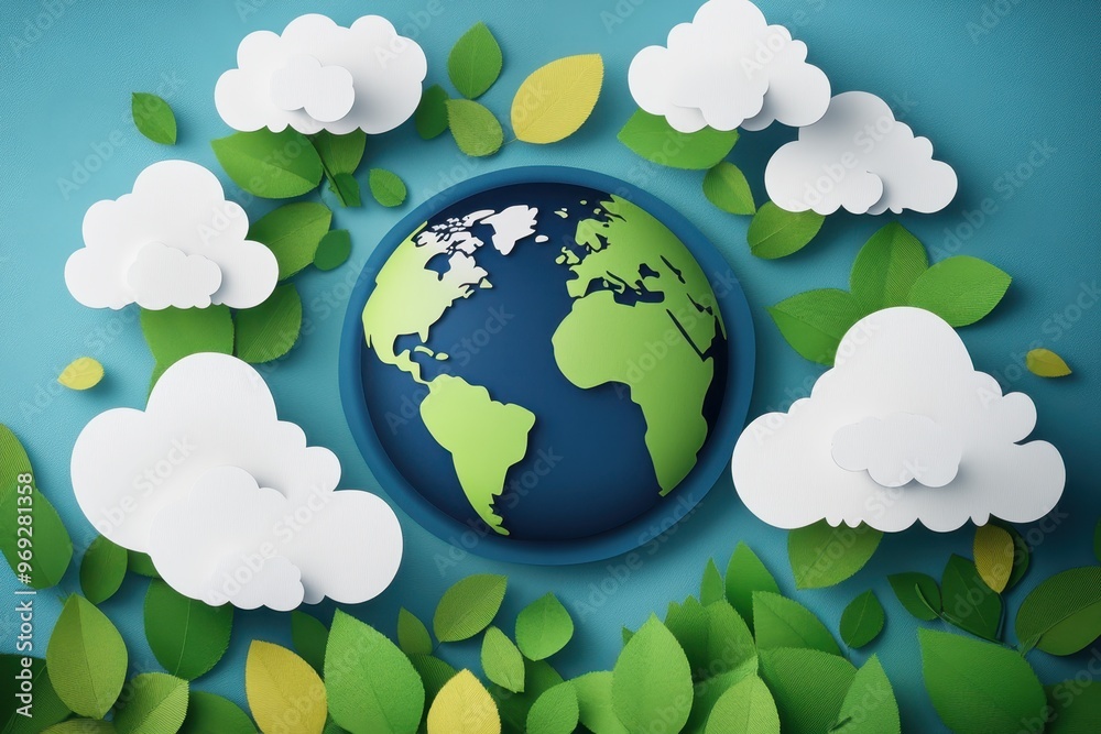 Naklejka premium Earth in Paper Cut Style with Floating Clouds and Leaves Signifying Nature Balance and Carbon Footprint Reduction