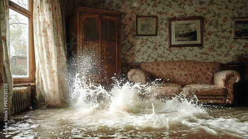Wallpaper Mural Water splashing against soaked curtains and furniture in a flooded home, creating a scene of chaos that highlights the need for an insurance claim Torontodigital.ca