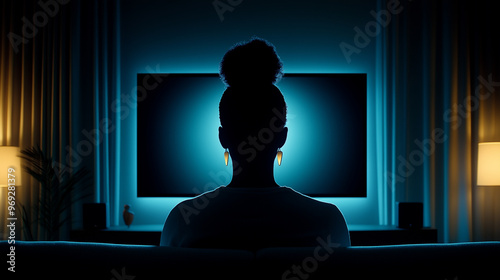 A silhouette of a woman with glowing earrings sits in front of a TV in a dark room. The screen casts a blue light, creating a contrast with the dimly lit environment and ambient lighting. photo