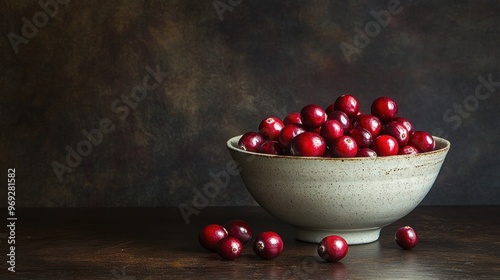 A bowl filled with fresh cranberries against a textured backdrop. photo