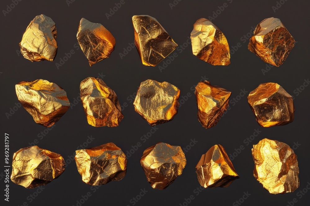 A collection of golden rocks against a dark background A collection of golden rocks against a dark background