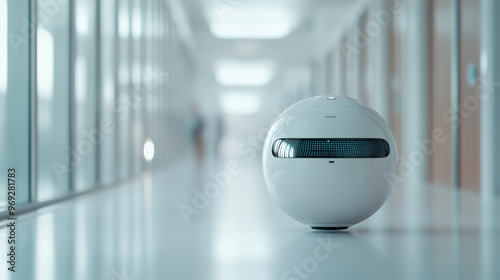 A spherical AI-powered robot with a sleek white design moves down a brightly lit hallway. The corridor is lined with glass and doors, creating a modern and clean environment. photo