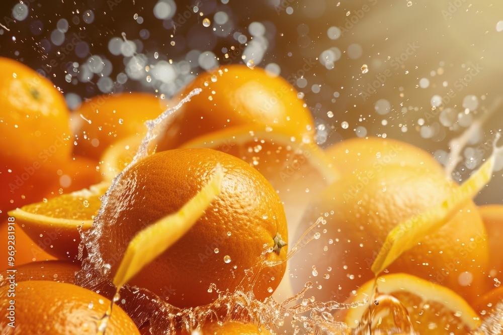 Juicy oranges getting cleaned with water droplets Juicy oranges getting cleaned with water droplets
