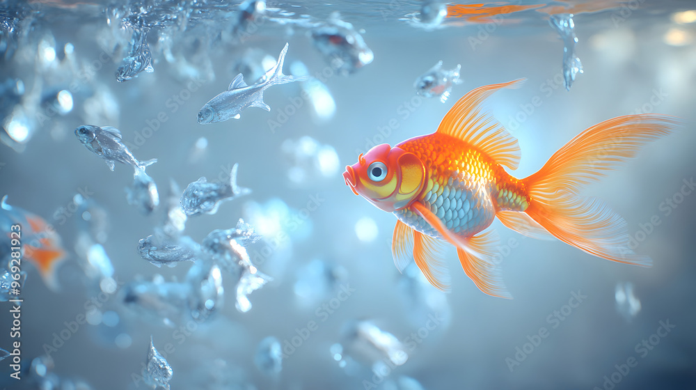 Vibrant Image of a Lone Goldfish Swimming Against the Current Among Silver Fish Vibrant Image of a Lone Goldfish Swimming Against the Current Among Silver Fish