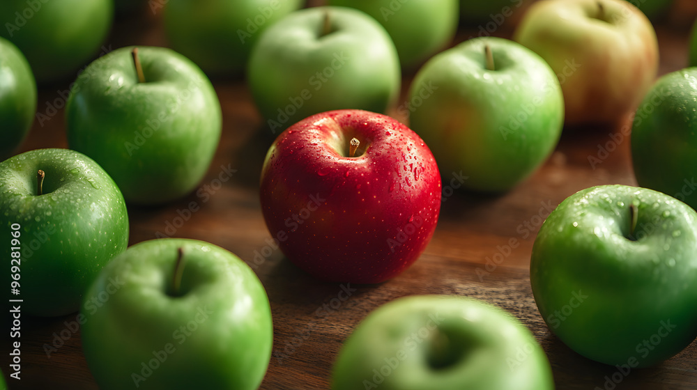High-Definition Shot of a Single Red Apple Among Green Apples on a Rustic Surface High-Definition Shot of a Single Red Apple Among Green Apples on a Rustic Surface