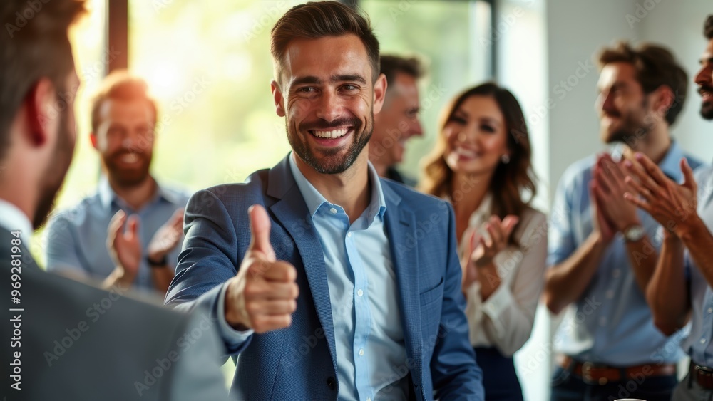 Office Colleagues Applauding a Man for Increased Work Efficiency in a Bright Office Setting Office Colleagues Applauding a Man for Increased Work Efficiency in a Bright Office Setting