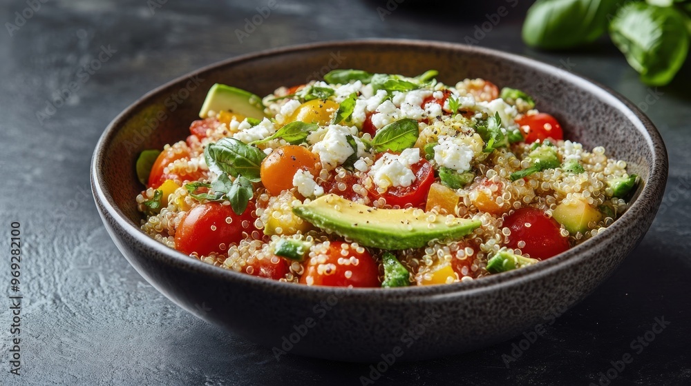 A vibrant quinoa salad with tomatoes, avocado, and herbs in a dark bowl. A vibrant quinoa salad with tomatoes, avocado, and herbs in a dark bowl.