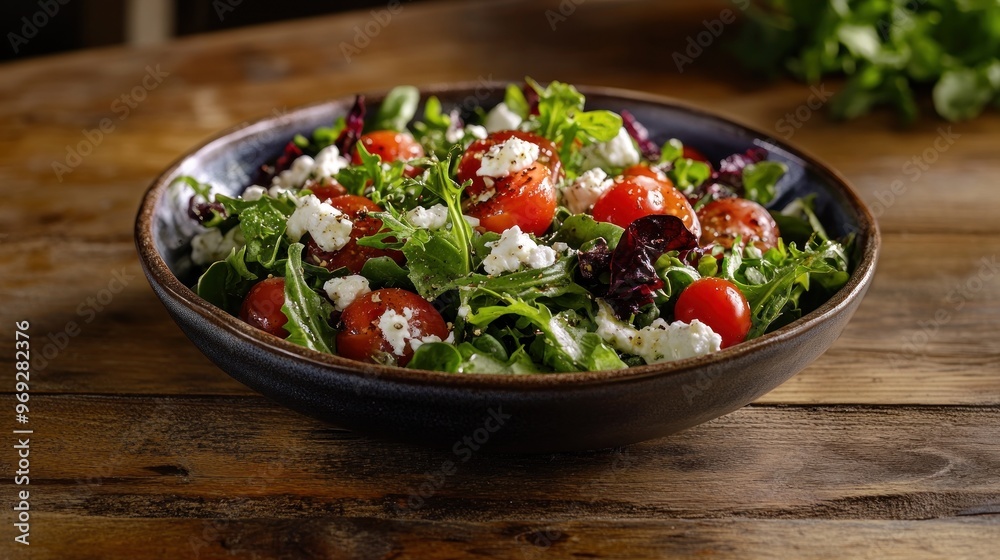 A fresh salad with cherry tomatoes, greens, and feta cheese in a rustic bowl. A fresh salad with cherry tomatoes, greens, and feta cheese in a rustic bowl.