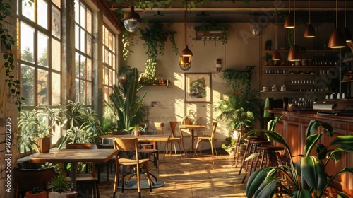 Fototapeta Naklejka Na Ścianę i Meble -  Sunlit Cafe Interior with Plants and Wooden Furniture