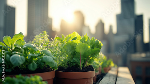 A lush rooftop garden filled with potted green plants set against a backdrop of modern city skyscrapers. The vibrant foliage contrasts with the urban environment, showcasing sustainable city living. photo