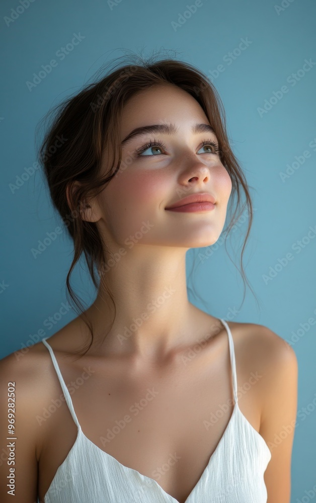 Serene young woman on a blue background