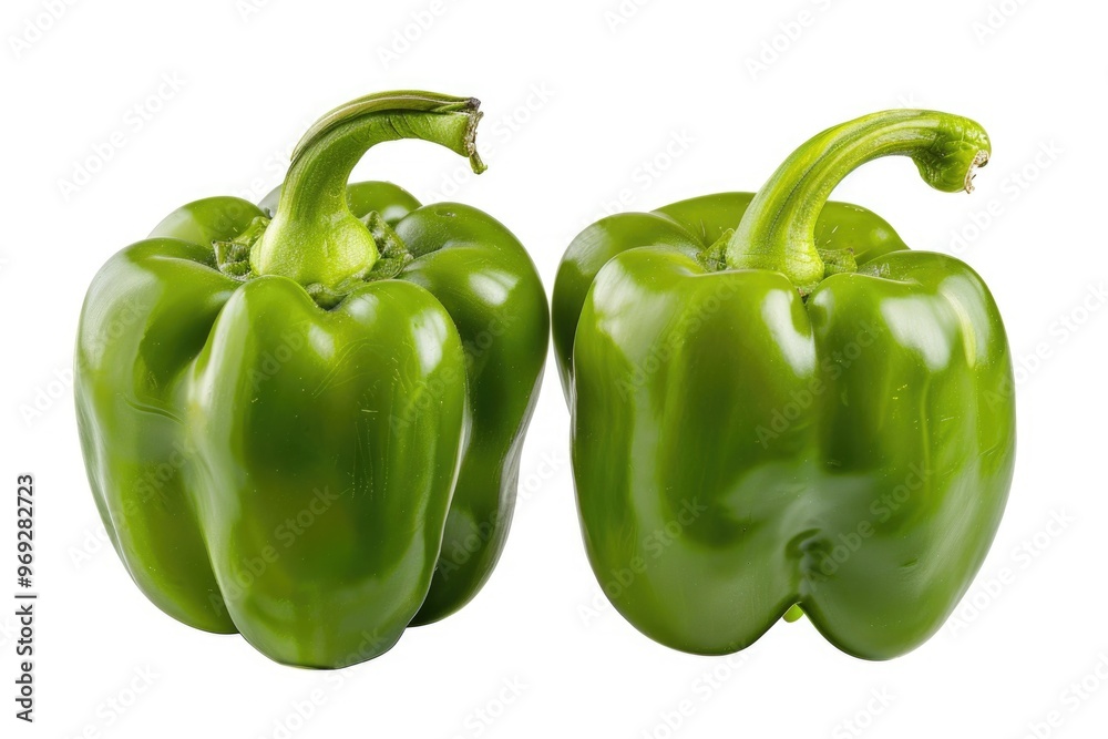 Two green peppers sit together on a surface Two green peppers sit together on a surface