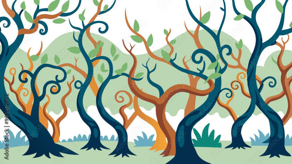 Naklejka premium an illustration of a whimsical forest scene. It features a variety of trees with twisting, curly branches. The trees are in shades of blue, green, and orange, giving the scene a colorful and playful 