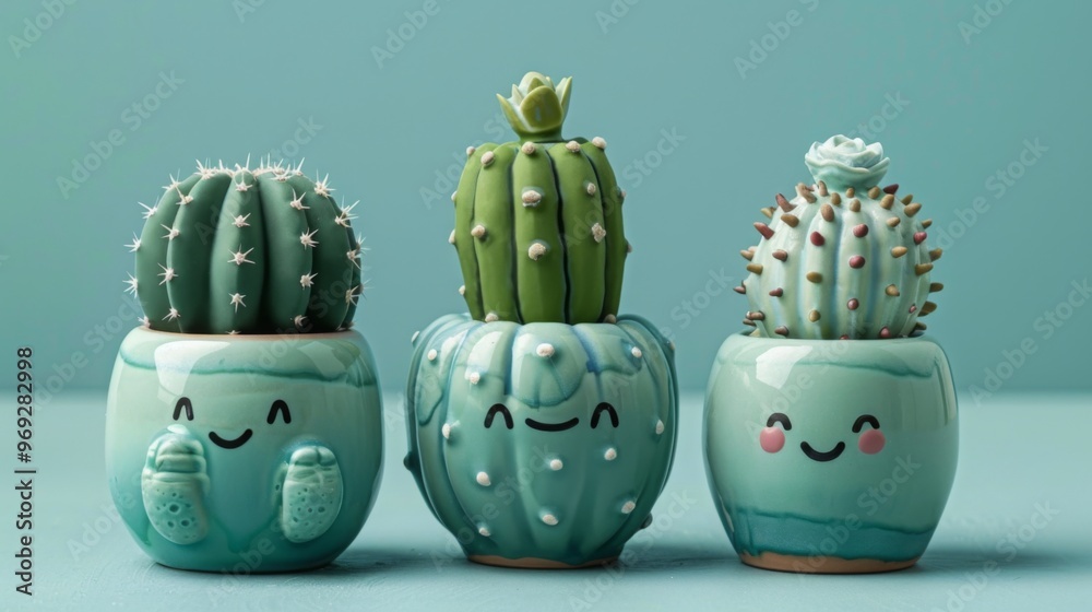 Cute Cactus Plants in Teal Pots with Smiling Faces Cute Cactus Plants in Teal Pots with Smiling Faces