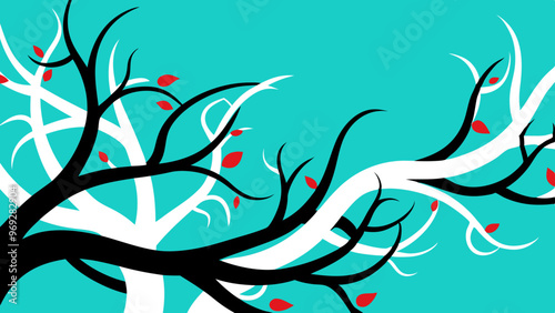 an abstract illustration featuring stylized tree branches. The background is a solid turquoise color. The branches are depicted in black and white, intertwining with each other