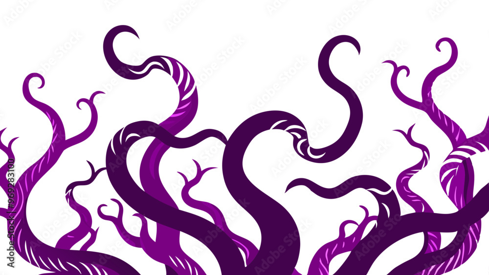 a stylized illustration of several tentacles. These tentacles are depicted in shades of purple, ranging from dark to light, and they have a swirling, curling appearance a stylized illustration of several tentacles. These tentacles are depicted in shades of purple, ranging from dark to light, and they have a swirling, curling appearance