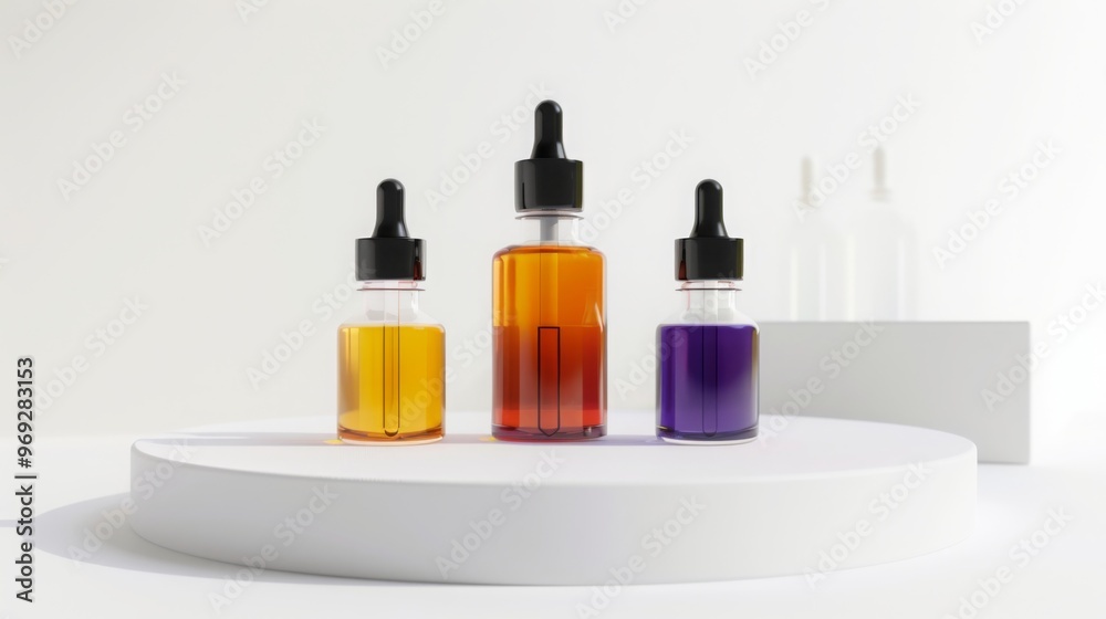 Glass Dropper Bottles with Yellow and Purple Liquids on White Pedestal Glass Dropper Bottles with Yellow and Purple Liquids on White Pedestal