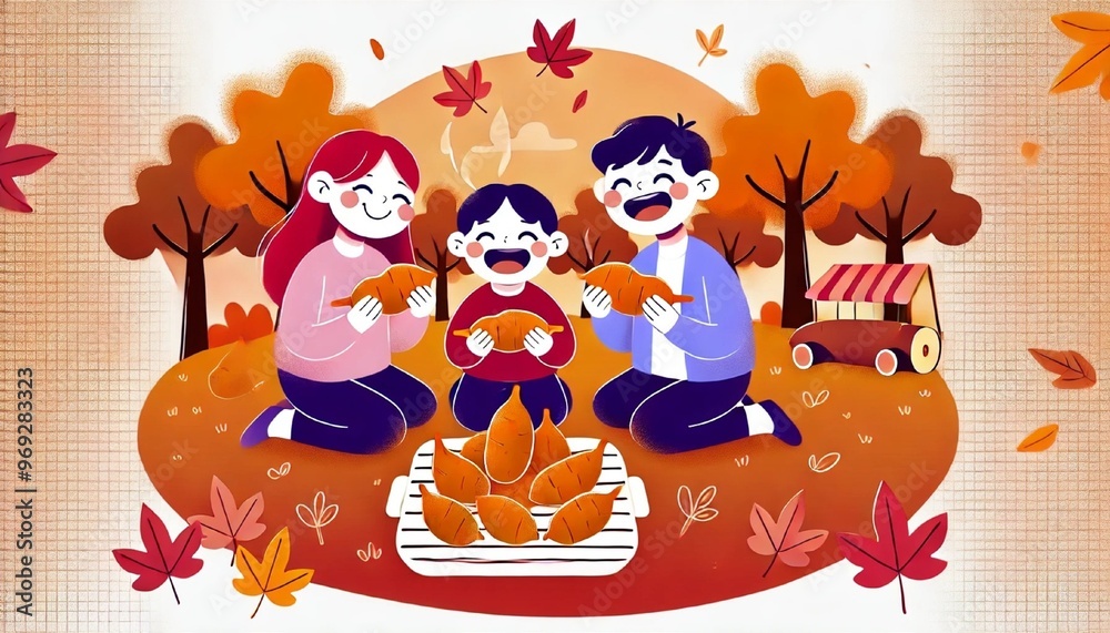 Obraz premium A cute and fun illustration of people happily eating roasted sweet potatoes together. The scene is warm and cheerful, with an outdoor autumn setting