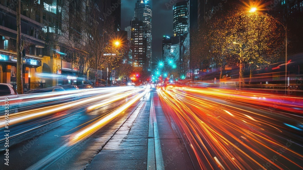 Obraz premium A vibrant cityscape at night with streaks of light from moving vehicles.