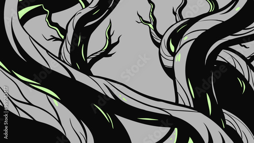 an abstract illustration featuring twisted, intertwining branches or vines. The branches are primarily black with some gray highlights, and they have a smooth, flowing appearance