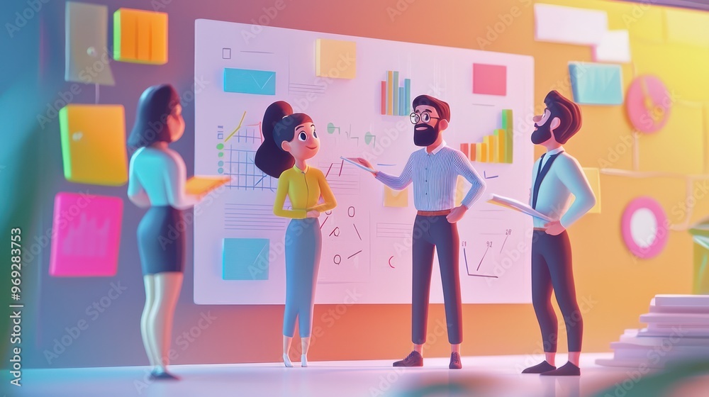 Bright Animated Team Setting Up Business Goals on 3D Display in Cartoon Style - 32K Resolution, Generative AI Bright Animated Team Setting Up Business Goals on 3D Display in Cartoon Style - 32K Resolution, Generative AI