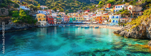 view of the colorful houses and clear blue waters in Fteri, Greece.  photo