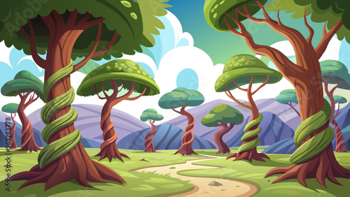 a colorful, cartoon-style illustration of a whimsical forest. The scene features several tall trees with thick, twisting trunks and lush, round canopies. The trunks have a spiral pattern