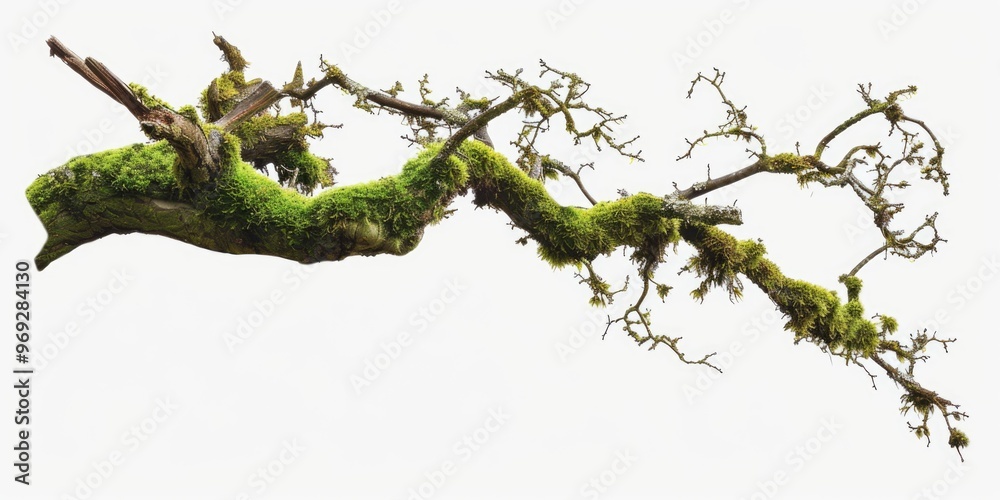 Fototapeta premium A close-up shot of a moss-covered tree branch against a bright white sky