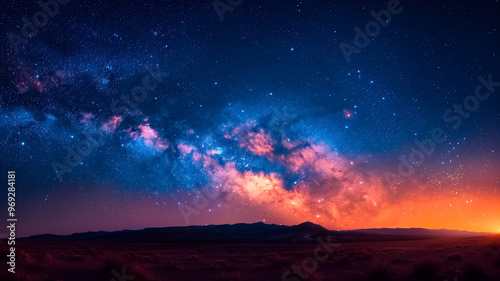 Milky Way panoramic view in the night sky , fantasy image of galaxy at night over the lake and mountain